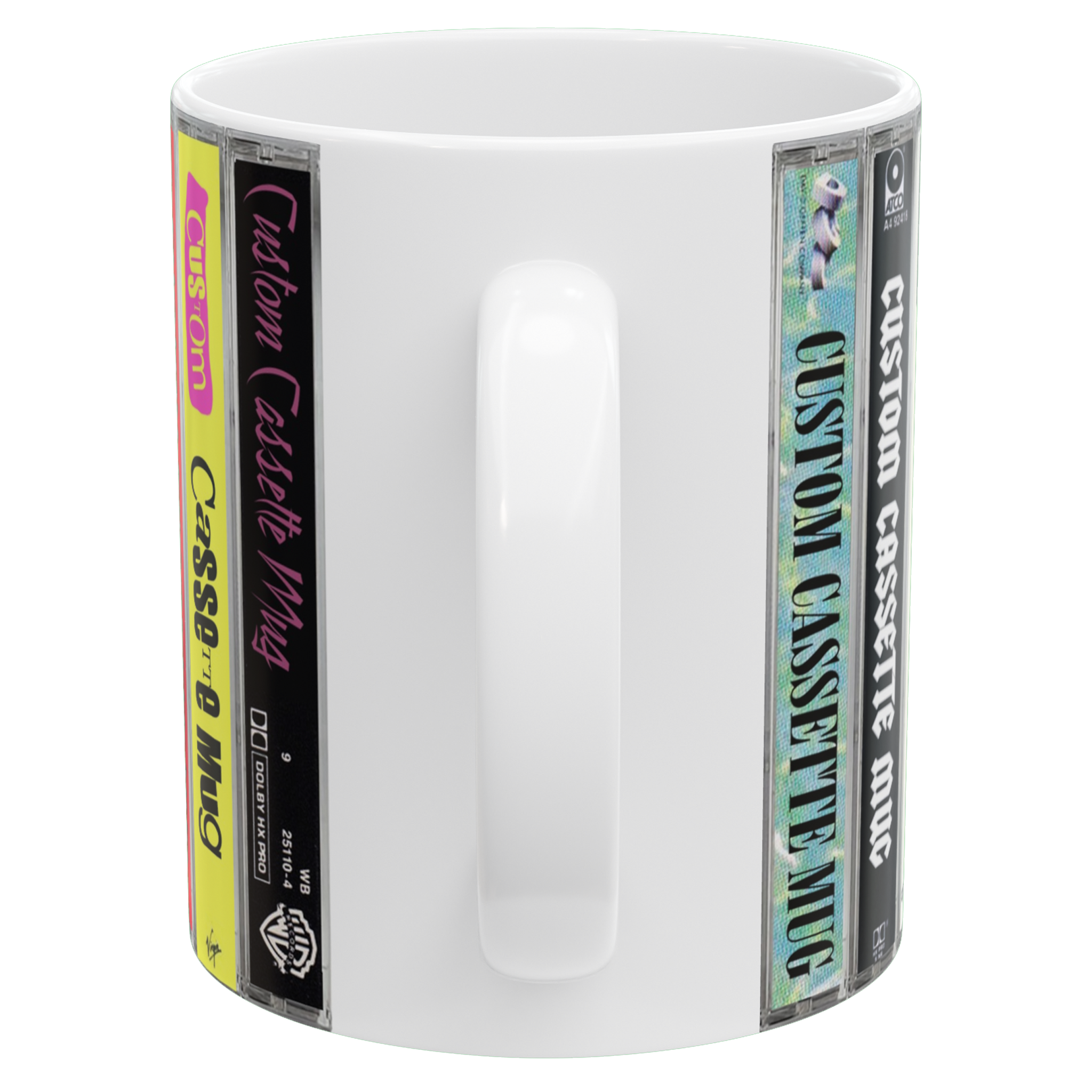 Custom music mug with cassette stack design, 11oz