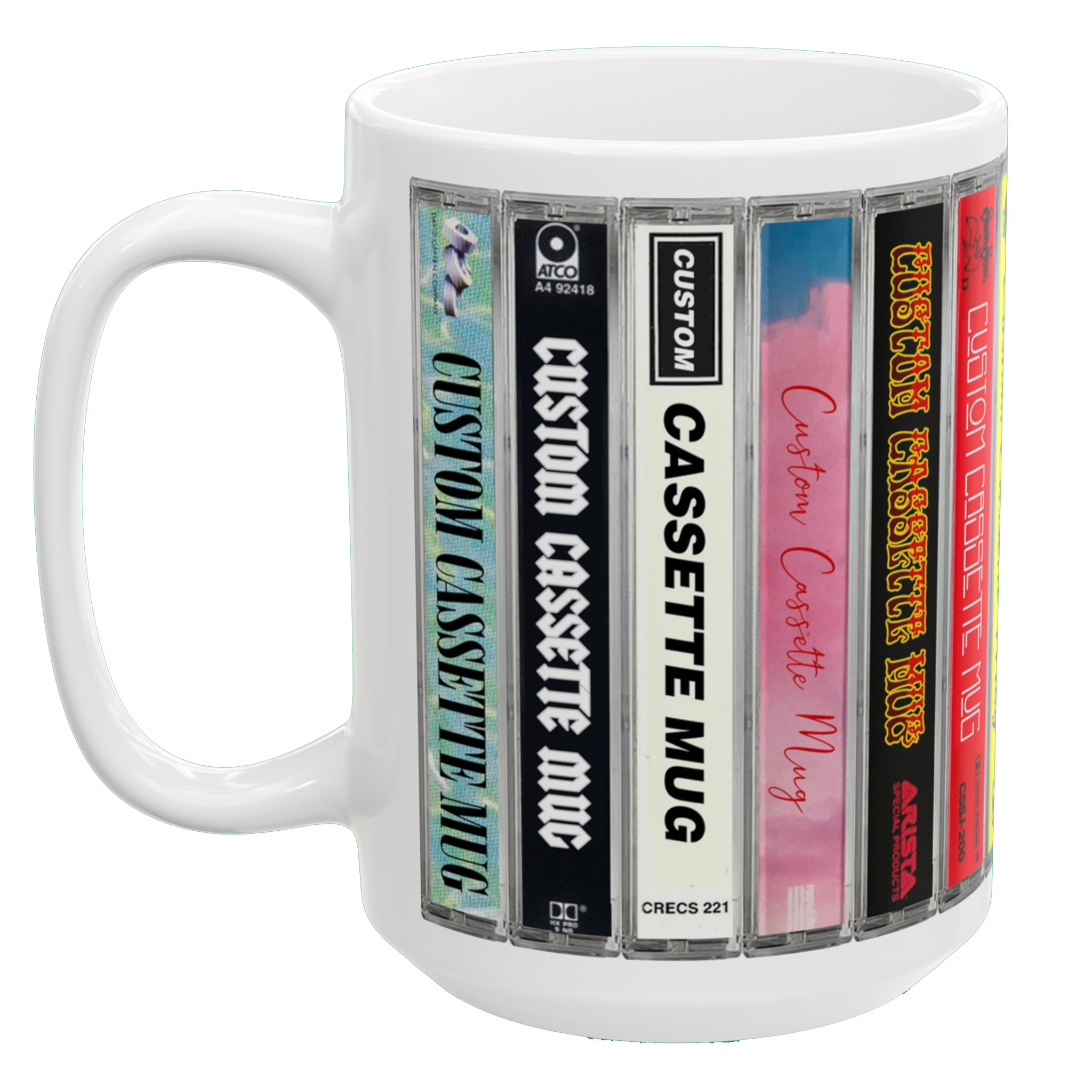 Custom music mug with cassette stack design, 15oz